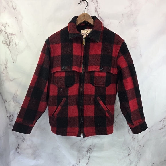 Woolrich Coat Womens XS Red Black Wool Zip Coat Vintage Mackinaw Lumber Buffalo